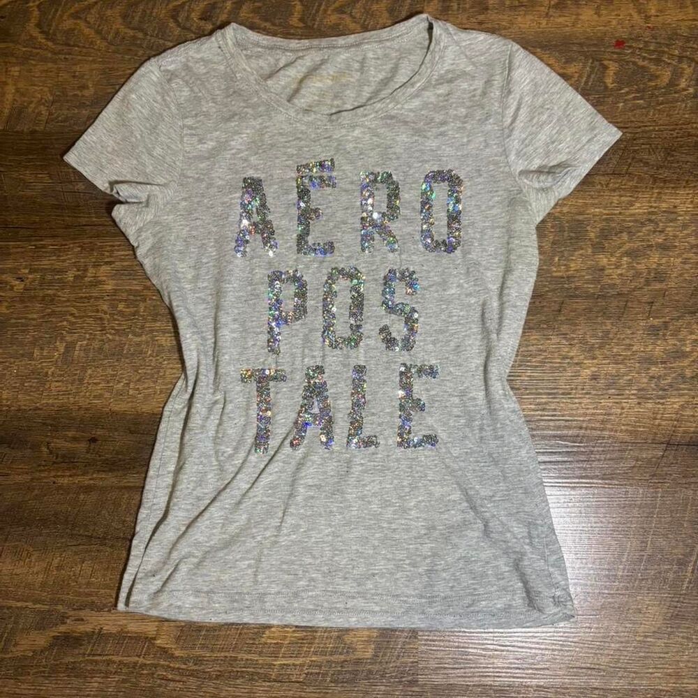 Aeropostale Women's Grey Sequin Baby Tee